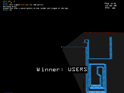 Grid Escape #1. Classic Arcade server. I had seen this happen a handful of times—it's at the end of a round, as you can see. However, since I usually use a black floor and outside the arena is black, I had never noticed this effect until I colored it grey. It's also the only time it hung long enough for me to notice and catch a screenshot. The floor appears to get dragged/stretched out along with the lightcycle!